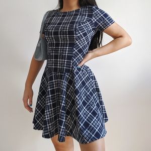 Navy Blue and White Plaid Skater Dress